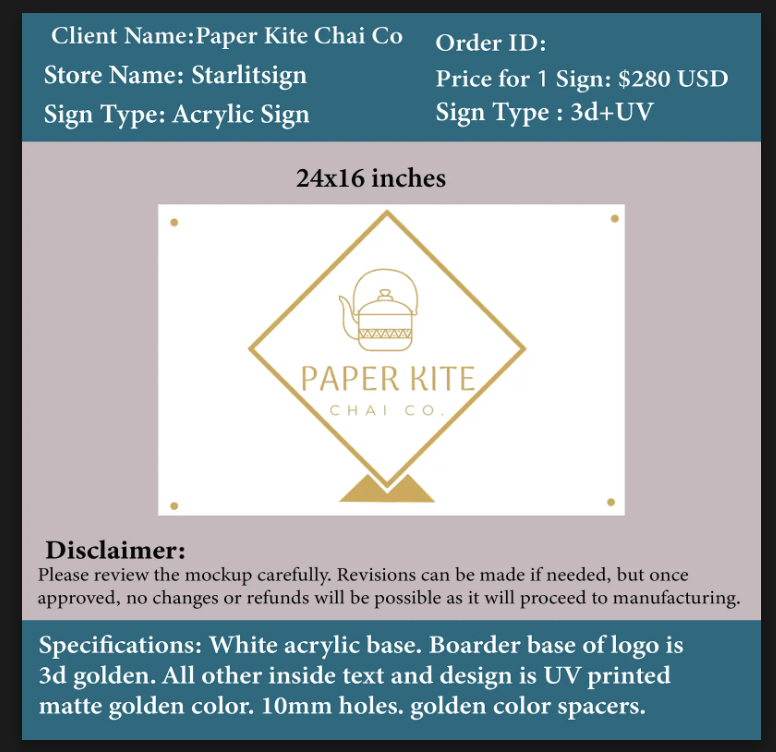 Acrylic sign -Paper Kite Chai Co