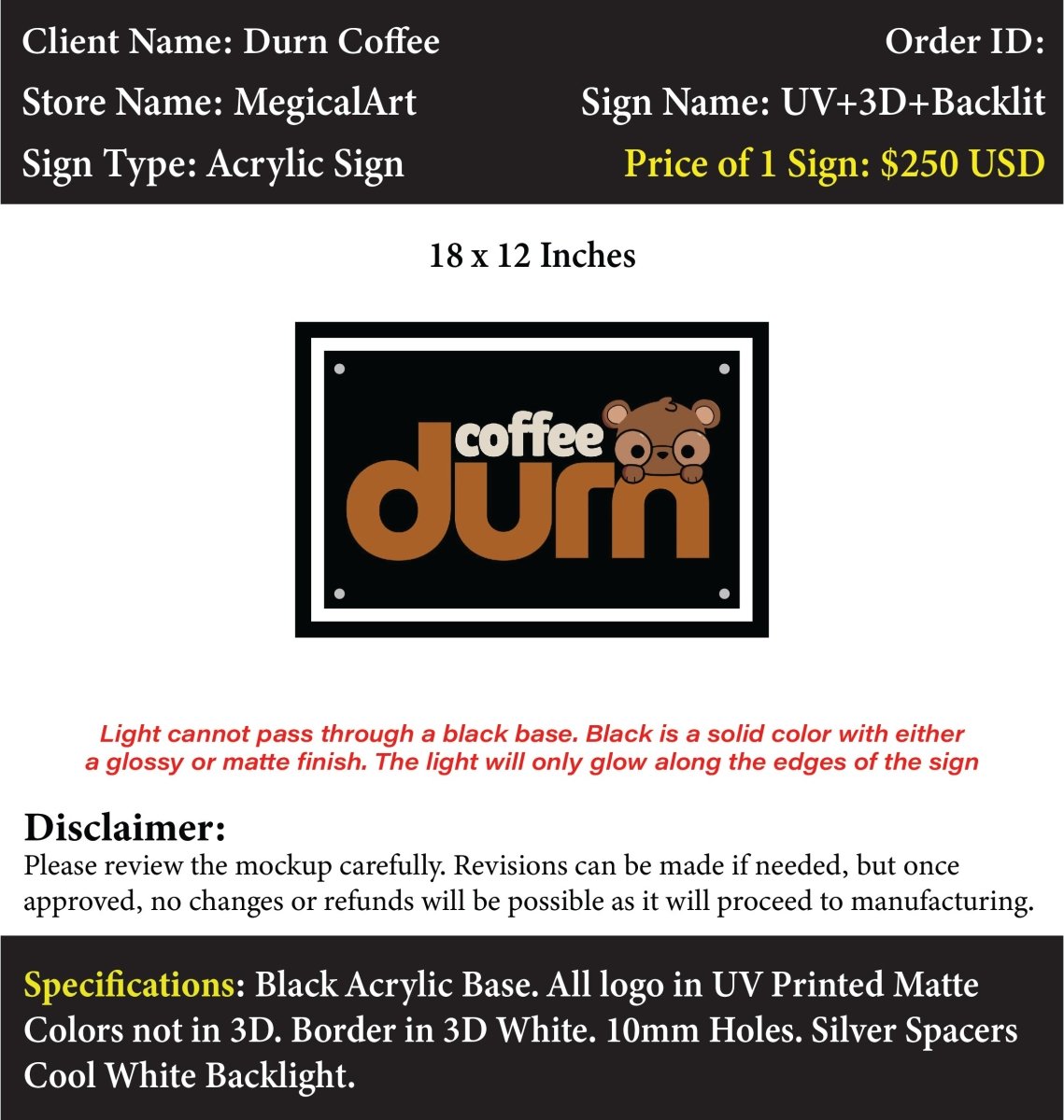 Custom Acrylic Business Sign - Durn Coffee - Custom Logo Sign - Custom Acrylic Business Sign - Durn Coffee
