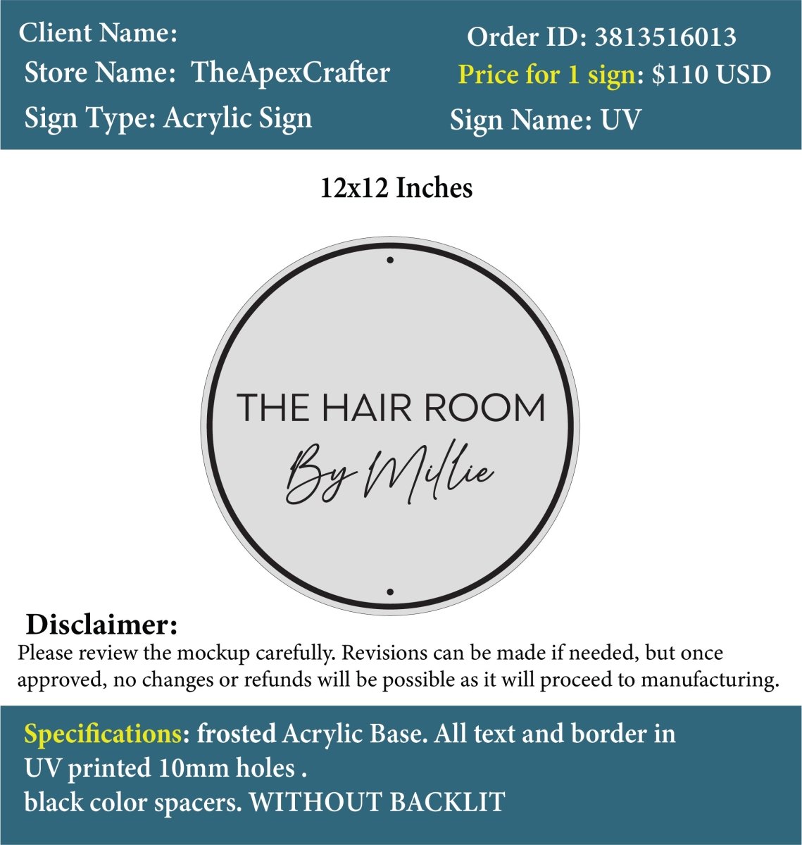 Custom Acrylic Business Sign - Millie - Custom Logo Sign - Custom Acrylic Business Sign - Millie