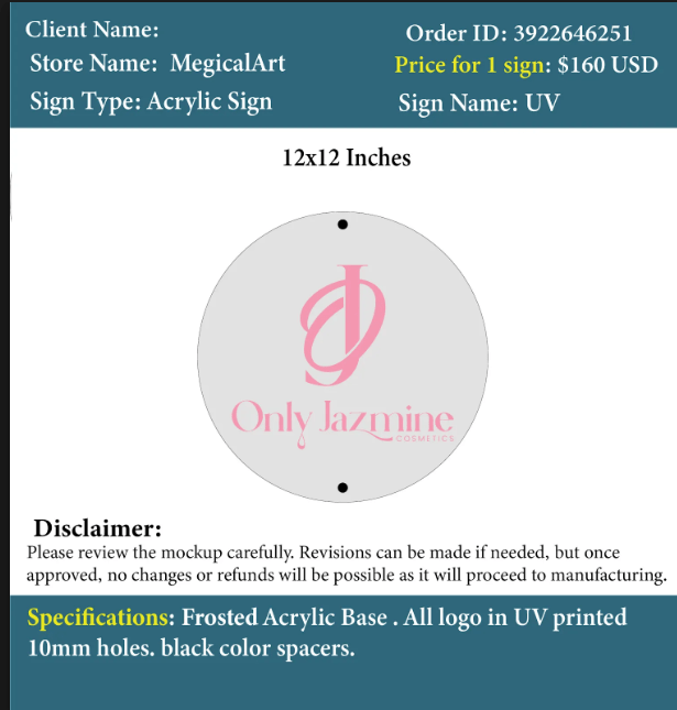 Custom Acrylic UV Sign - Jazmine - Custom Logo Sign - Custom Acrylic UV Sign - Jazmine