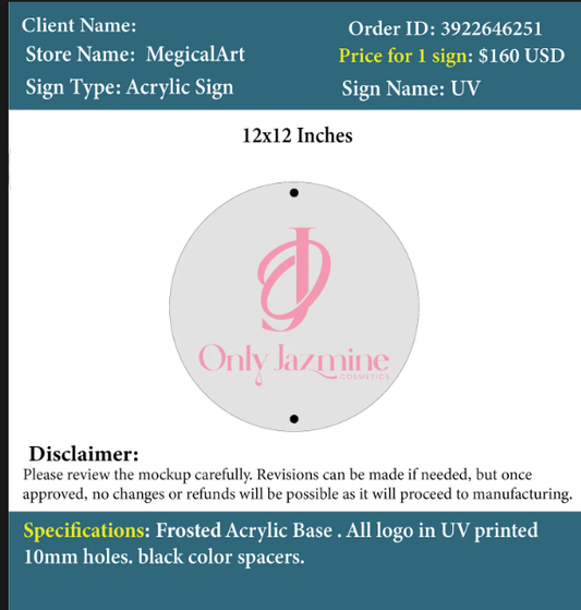 Custom Acrylic UV Sign - Jazmine - Custom Logo Sign - Custom Acrylic UV Sign - Jazmine
