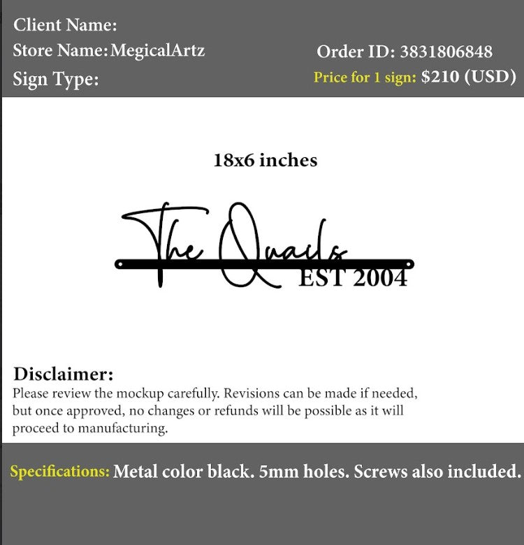 Custome Metal Name Sign - Emma Quail - Custom Logo Sign - Custome Metal Name Sign - Emma Quail