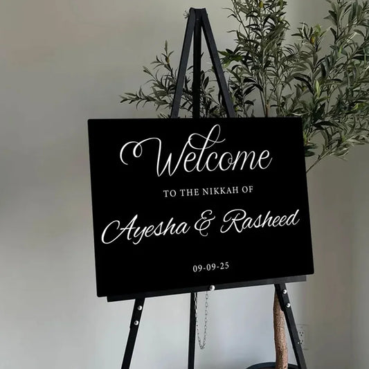 Modern Wedding Welcome Sign - Personalized Black Acrylic Board